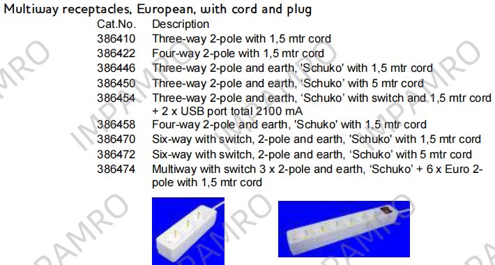 386454 Multiway receptacles, European, with cord and plug