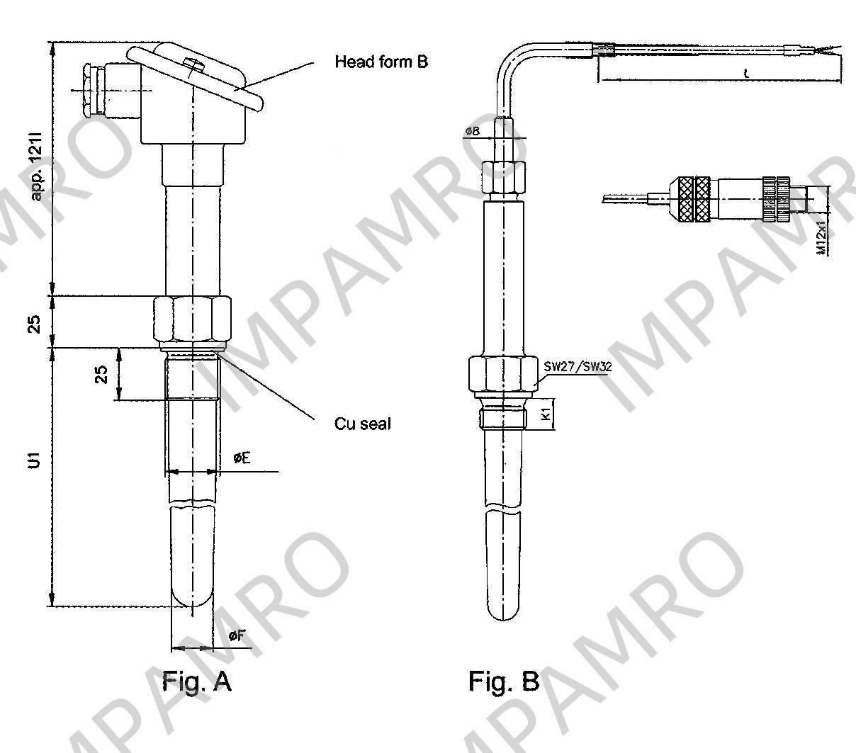 W25: Temp Sensor for Exhaust Gas, 14/17 mm Dia, G3/4 Conn