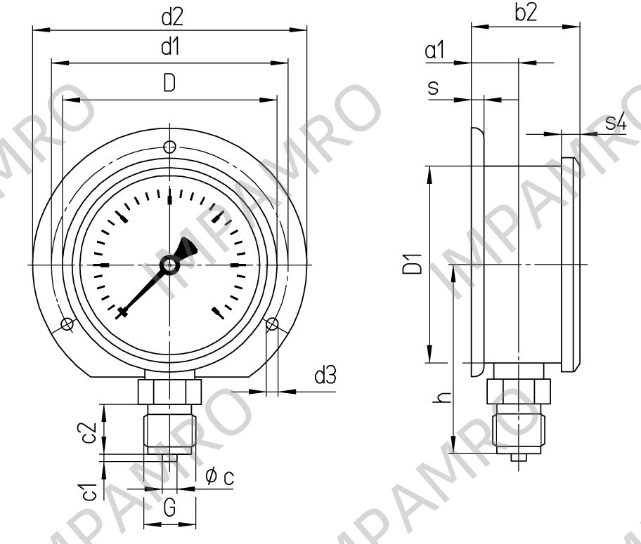 GAUGE PRESSURE GLYCERINE BOTTM, BACK 0-100BAR 100MM G1/2"