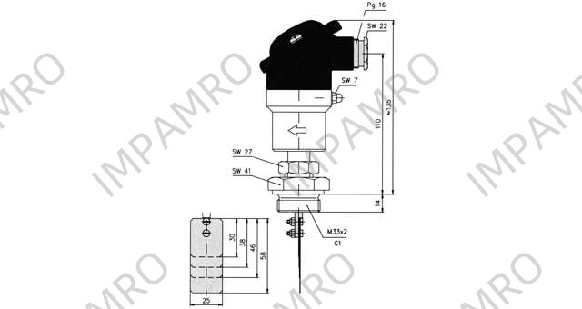 SWITCH LIQUID FLOW PADDLE TYPE, THREAD M33X2 MALE VH500NM DN40