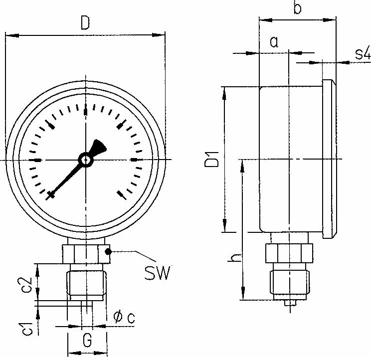 653109 - 甘油压力表，底部直接连接，量程 -1~5BAR，表盘100mm，接口G1/2"