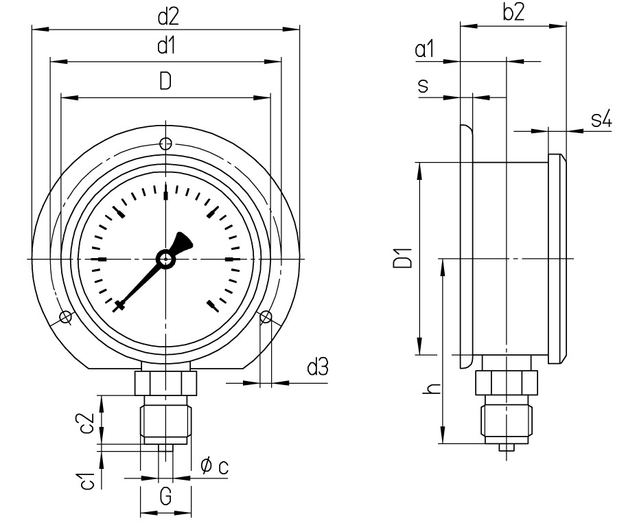 653153 - 甘油压力表，底部后部连接，量程 -1~1.5BAR，表盘100mm，接口G1/2"